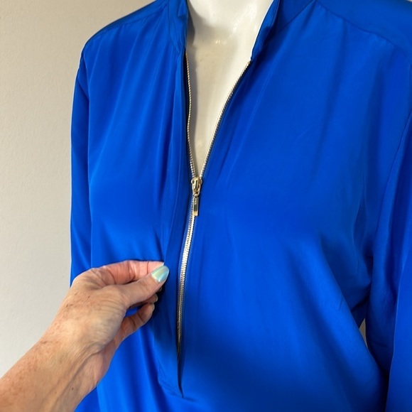 Karina Grimaldi Silk Romper Zip Front High Neck Lace Accent Cobalt Blue Size M - Picture 6 of 16